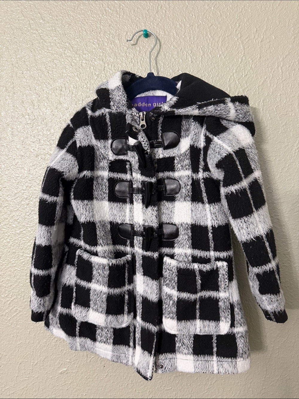 Madden Girl Black and White Plaid Hooded Toggle Pea Coat